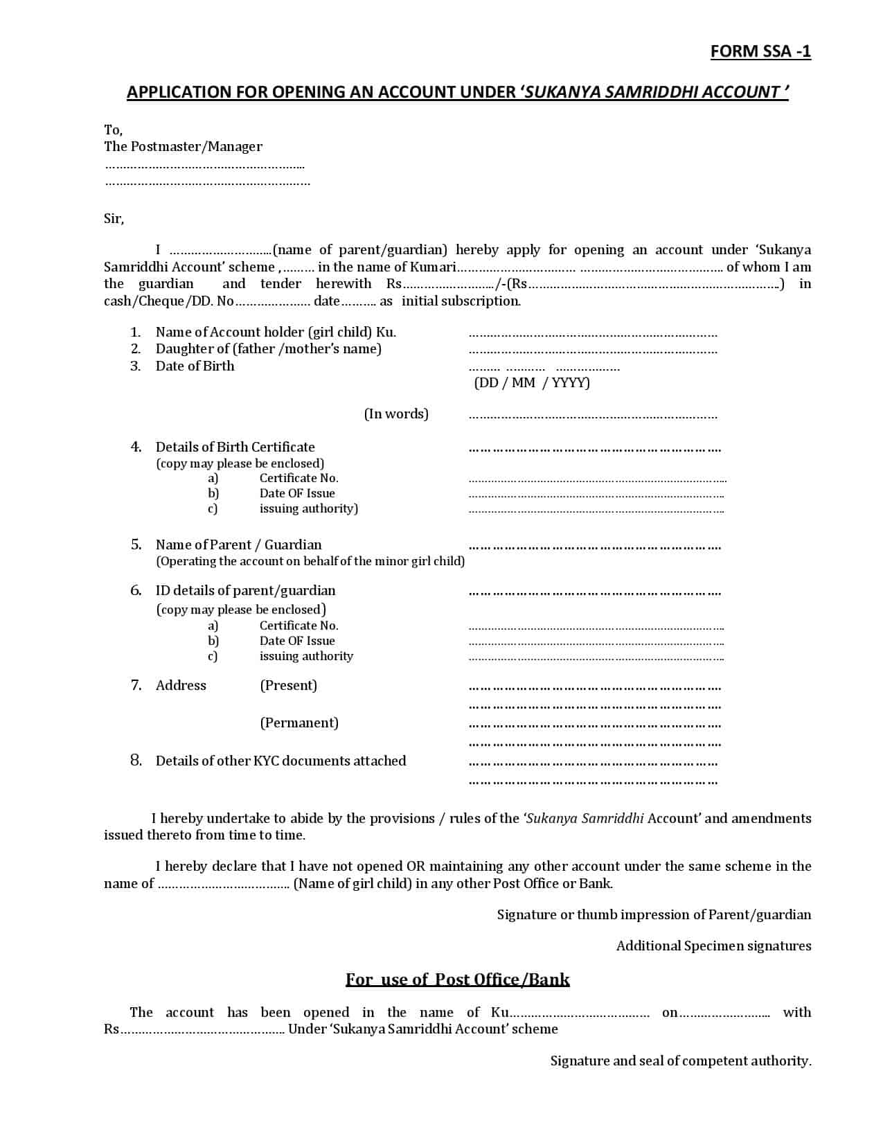 Sukanya Samriddhi Yojana Application Form